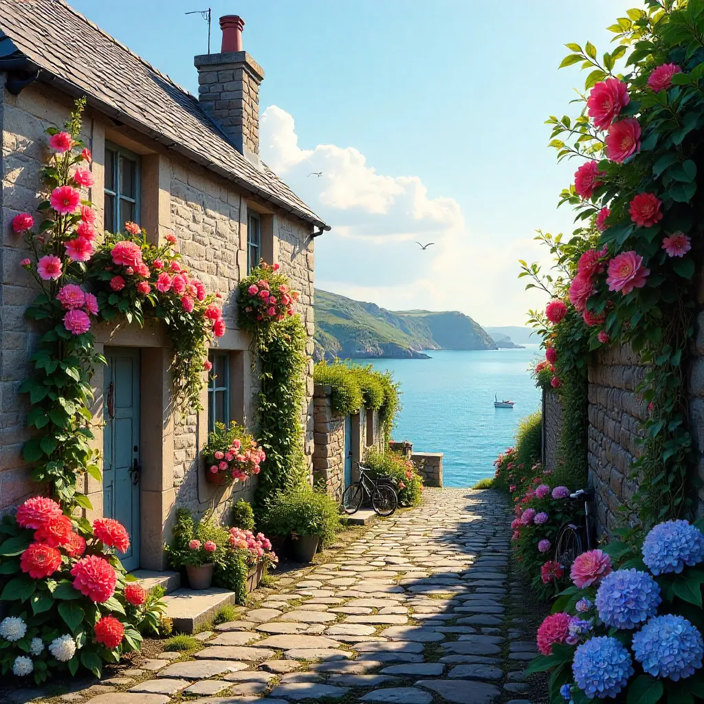 Hollyhocked Stone Houses on Hoëdic Island
