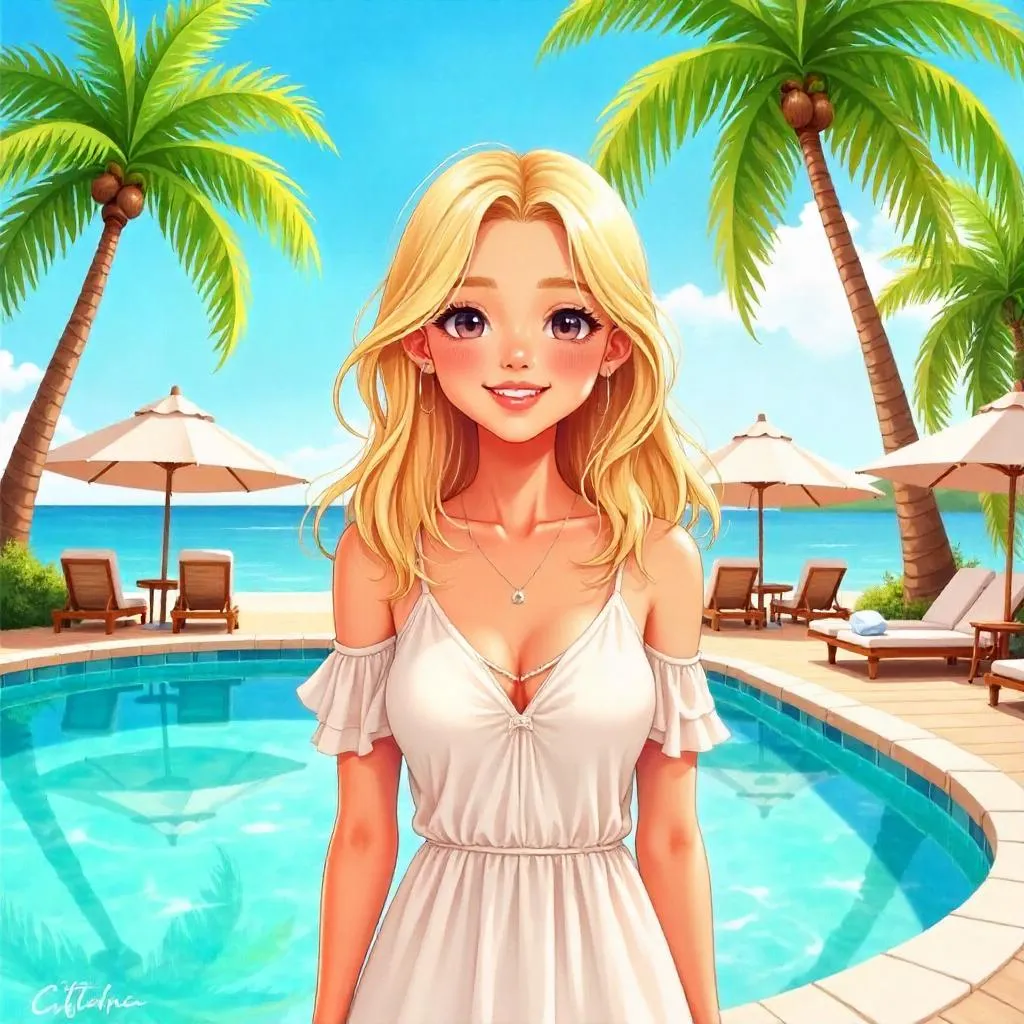 Cheerful White Girl in a Watercolor Resort Scene