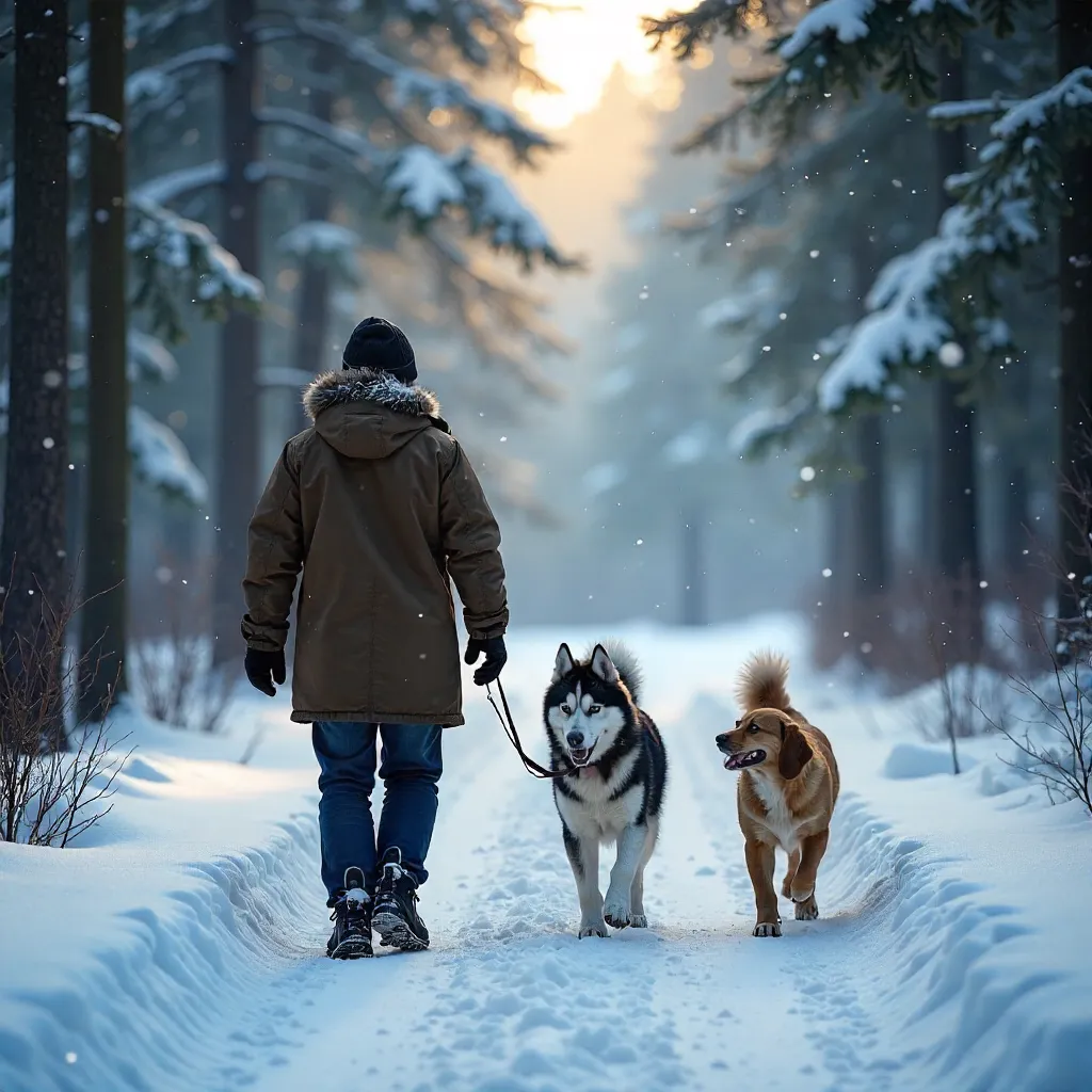 Serene Winter Forest Walk with Three Dogs
