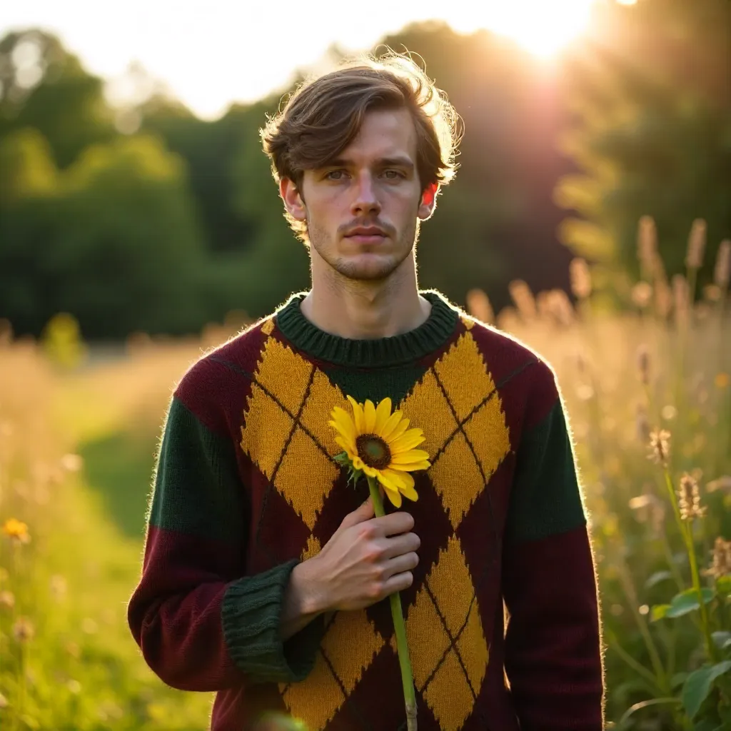 Young man in patterned sweater with sunflower outdoors