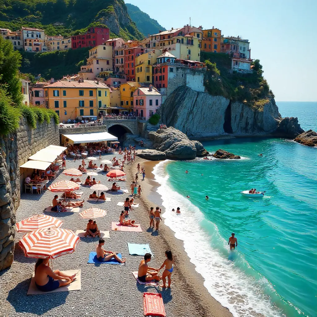 Sunlit Monterosso Beach: Crowded Cinque Terre