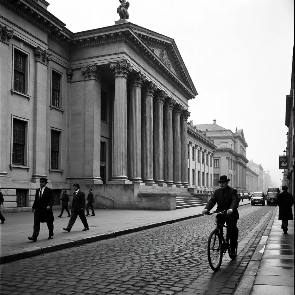 Monochrome Urban Scene: Classical Building and Cyclist