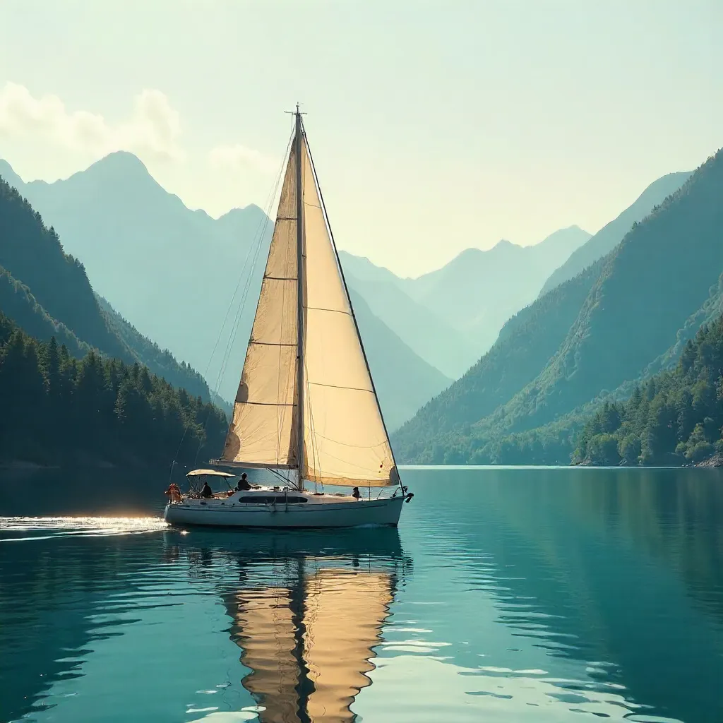 Sailboat on Tranquil Seas Before Forested Peaks