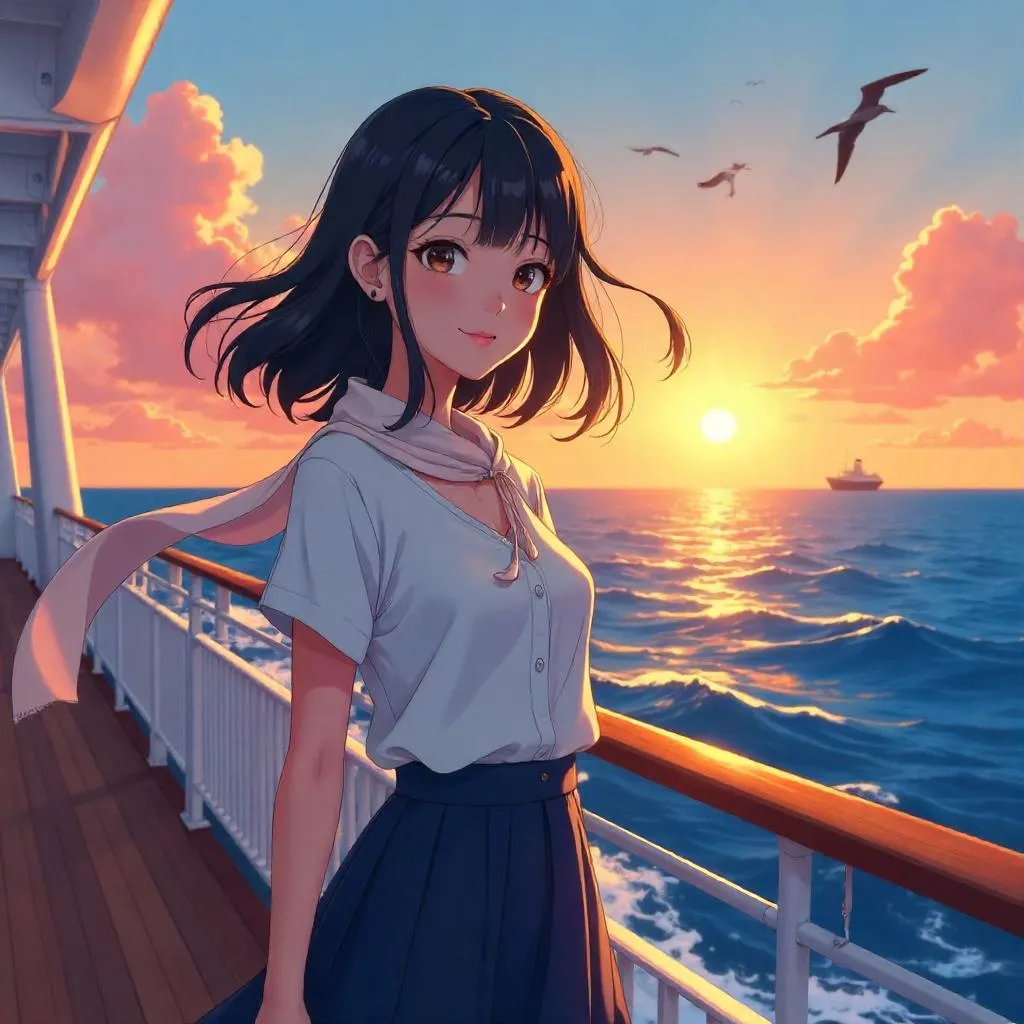 Sunset on Deck: Anime Woman at Sea