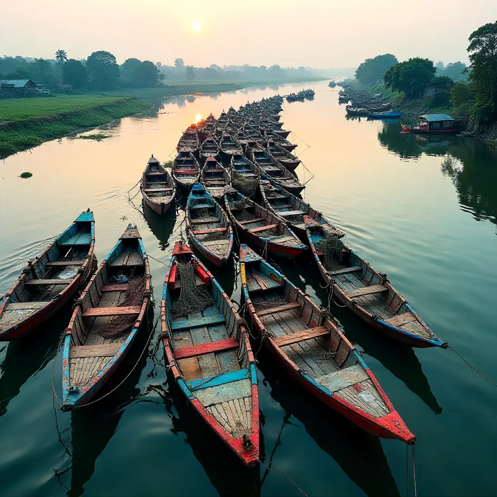 Aerial Vista of Traditional Bangladeshi Wooden Boats