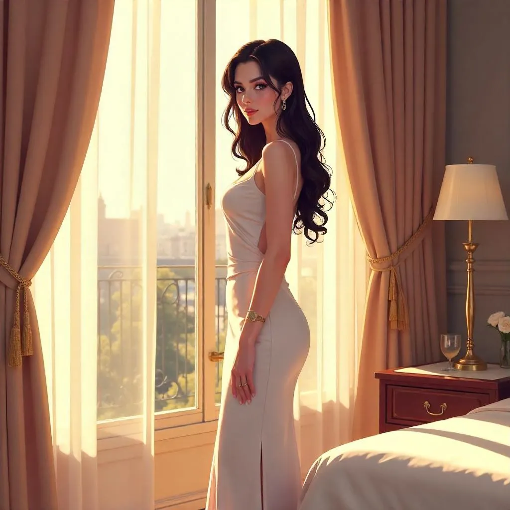 Elegant Anime Woman in a Luxe Hotel Suite