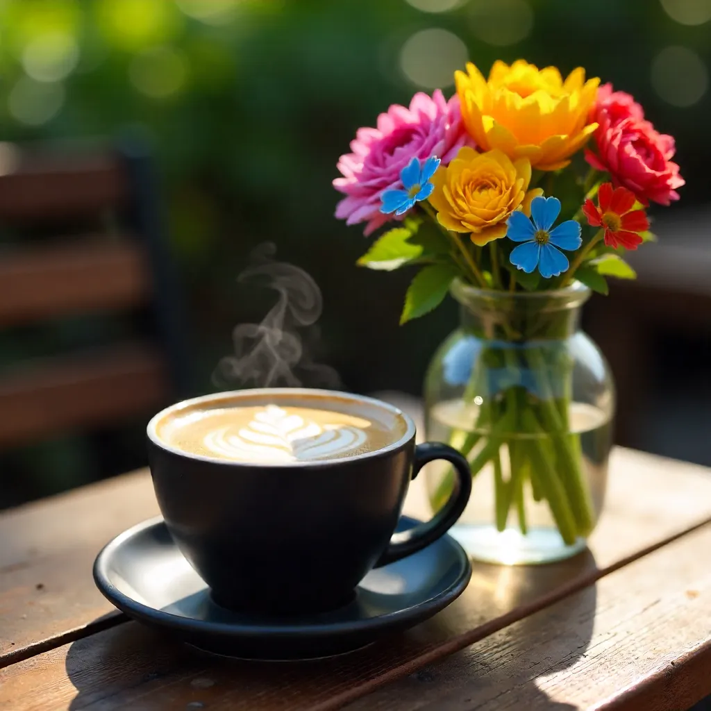 Latte Art beside a Colorful Vase on Outdoor Table