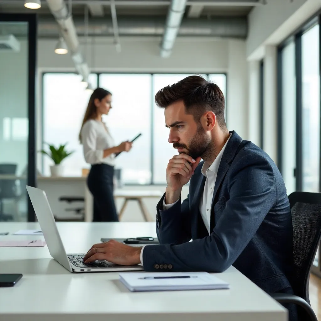 Pensive Man at Laptop in Modern Open-Plan Office