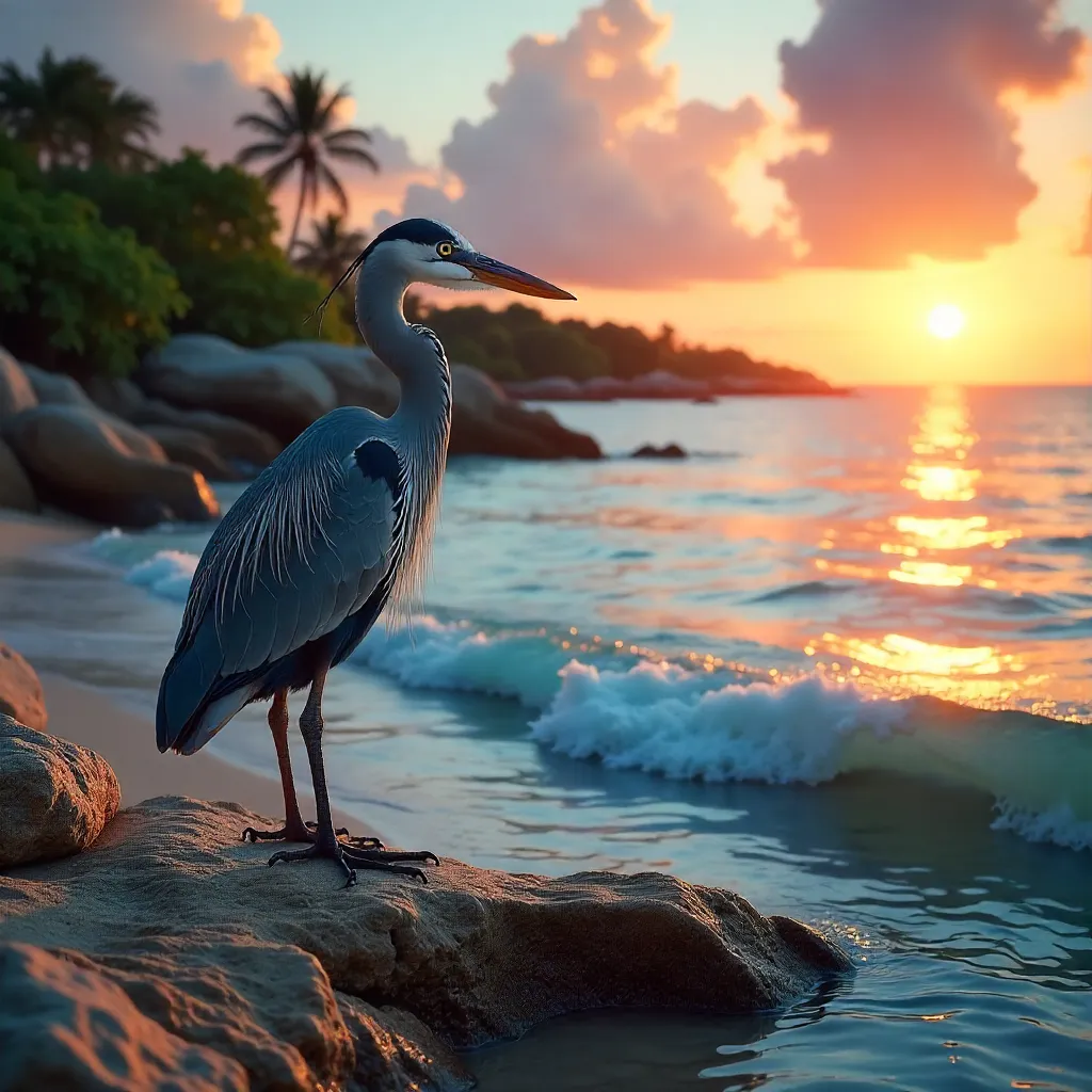 Heron at Sunset on Quintana Roo Rocky Shore