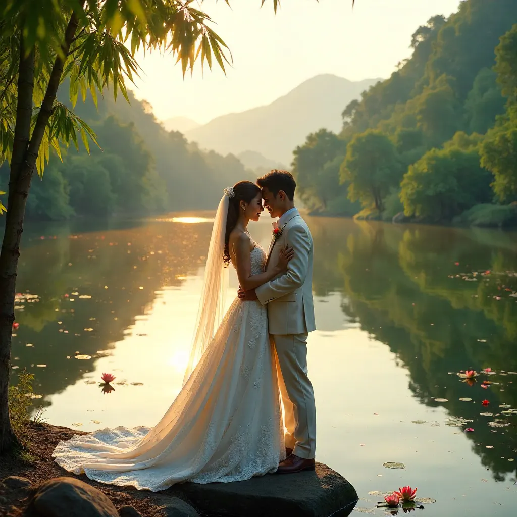 Embracing at a Lakeside in Dong Nai — Wedding Moment