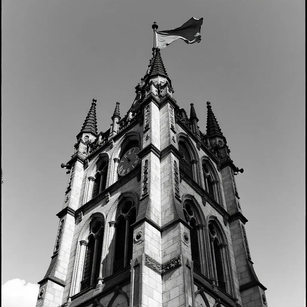 Gothic Clock Tower in Monochrome with Flag
