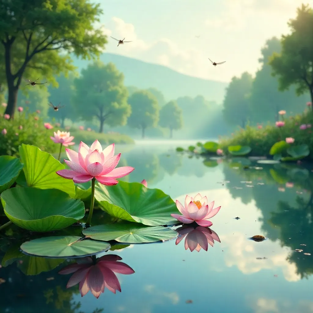 Tranquil Lotus Pond with Blooming Lotuses and Green Leaves