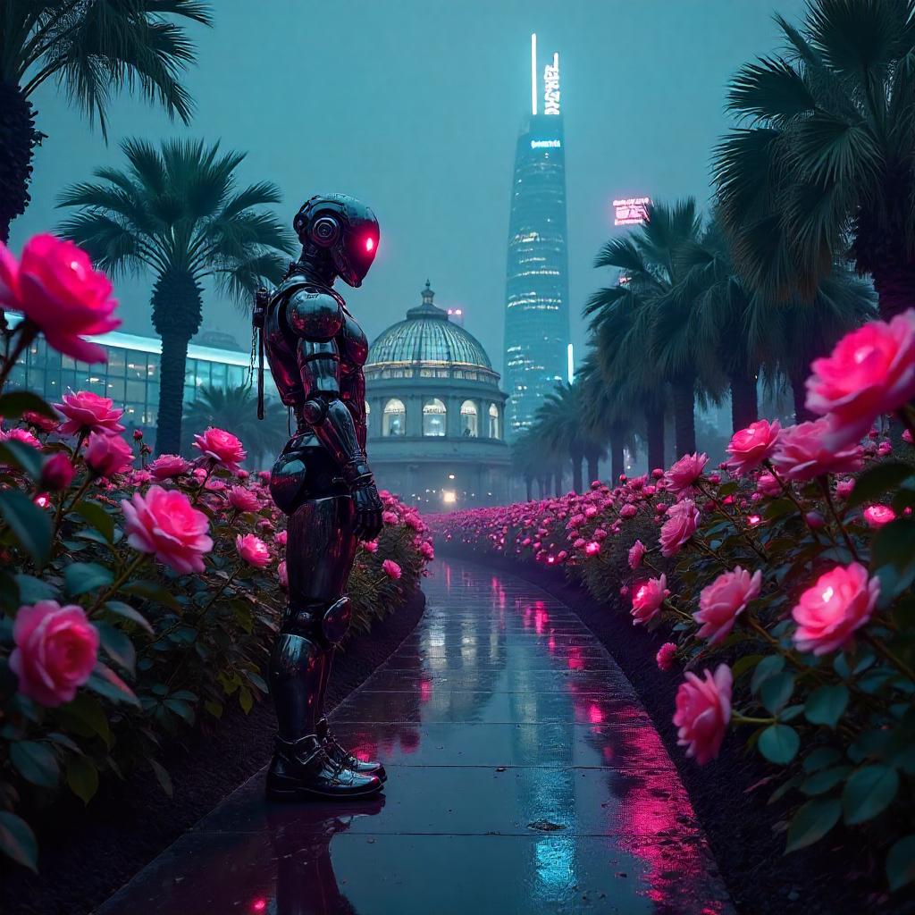 Neon Rose Cyborg in a Cyberpunk Garden