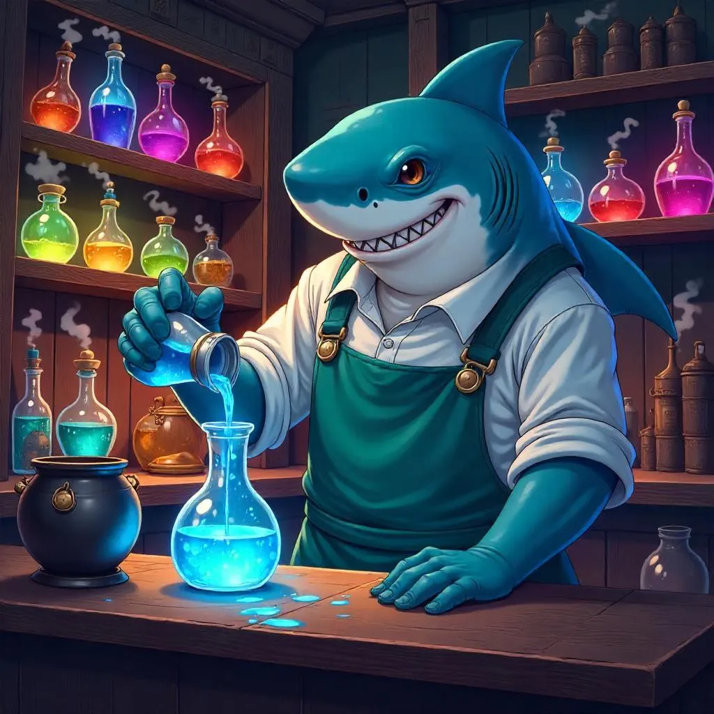Shark Alchemist in a Neon Potion Shop
