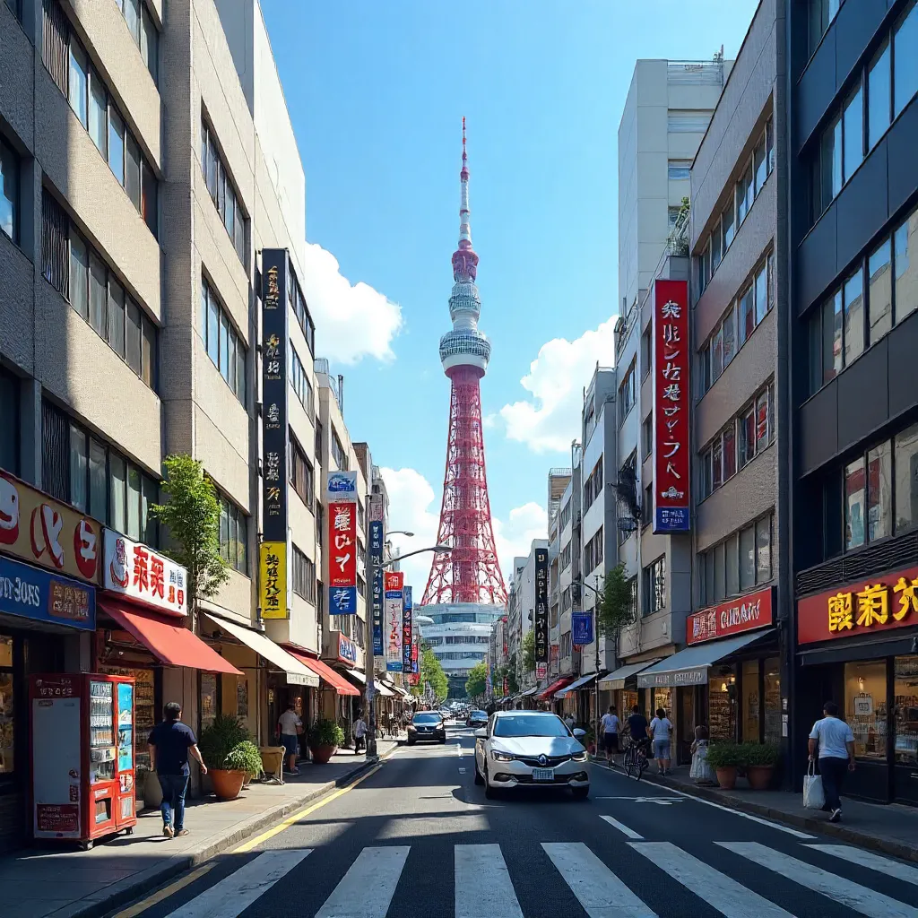 Tokyo Skytree Over Busy Street on a Clear Day