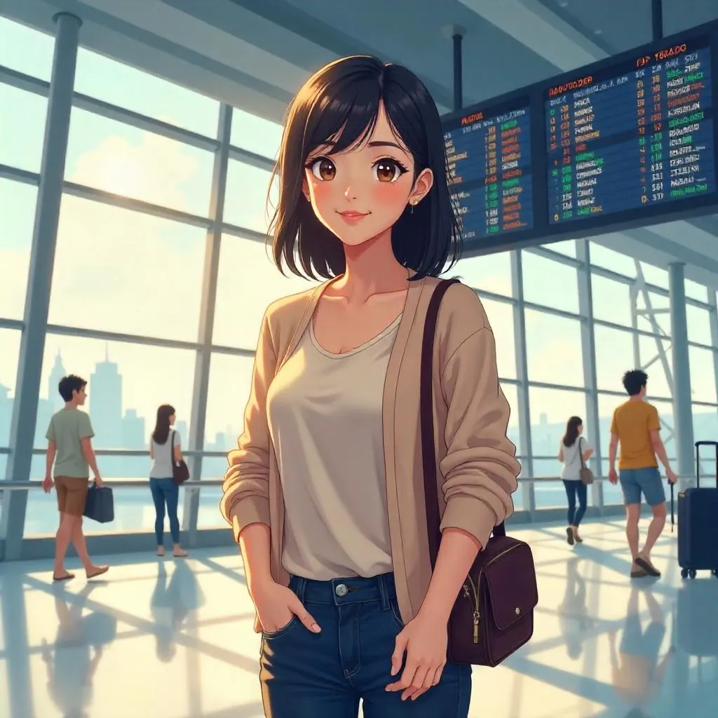 Anime Portrait: Young Asian Woman at the Airport