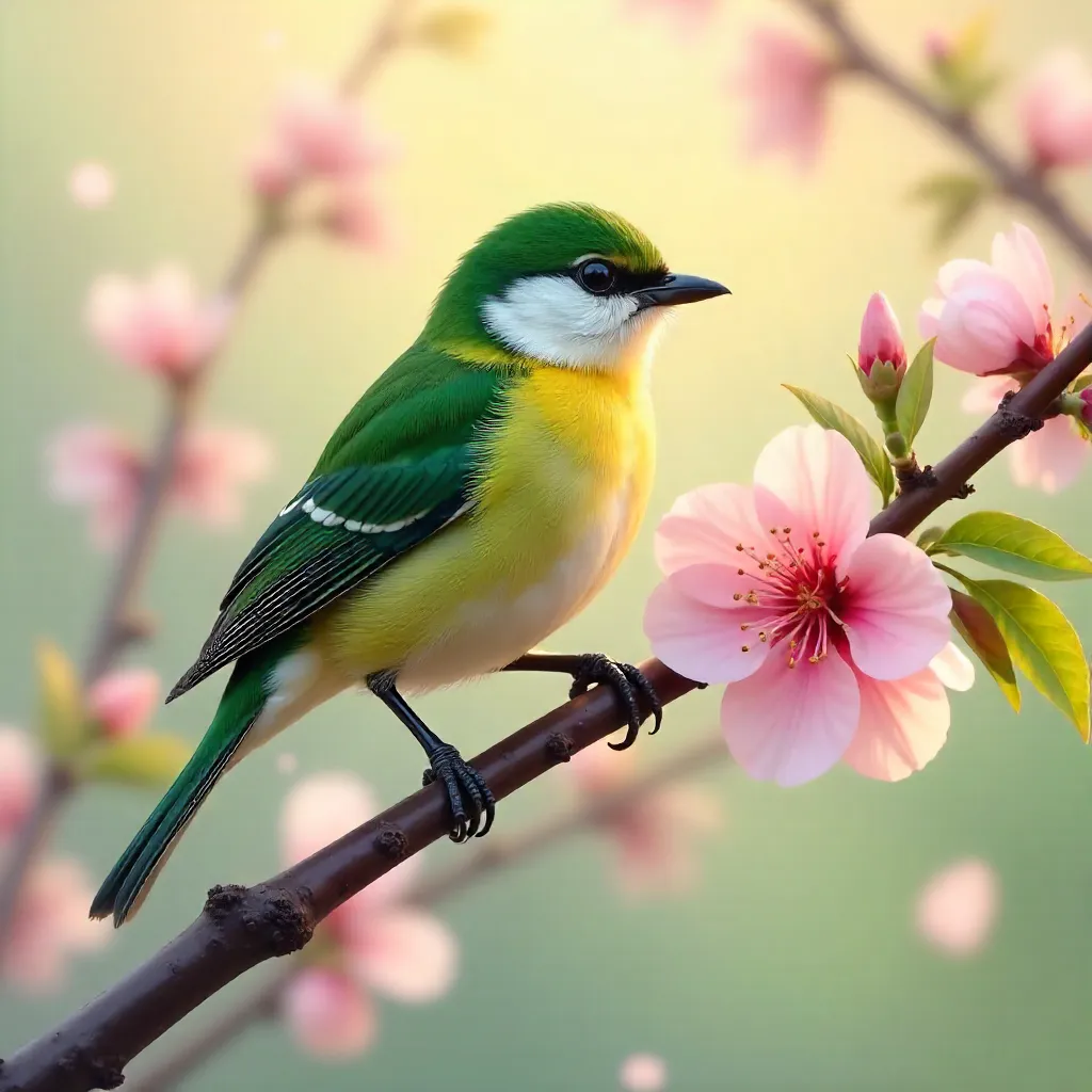 Springtime Japanese White-eye on Blossom Branch