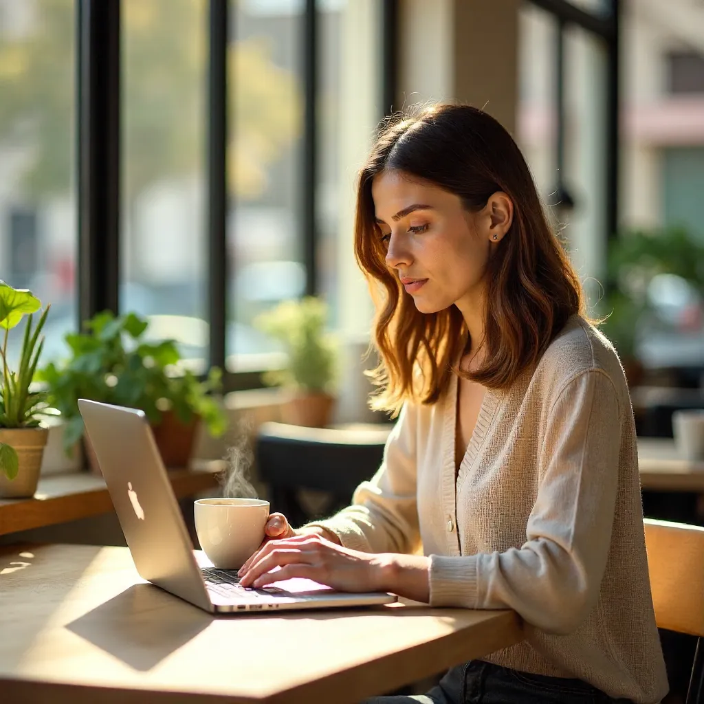Bright Café Day: Woman with Laptop and Coffee