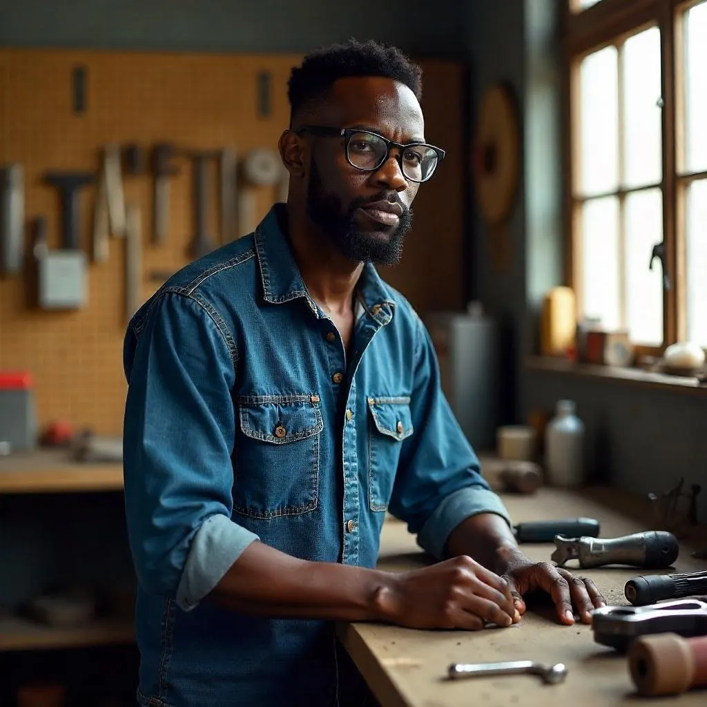 Photorealistic Portrait of a Young Black Man in a Workshop