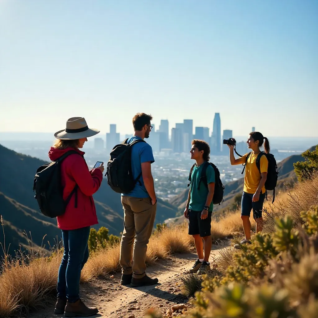 Four Hikers Overlooking LA Skyline on a Sunny Day