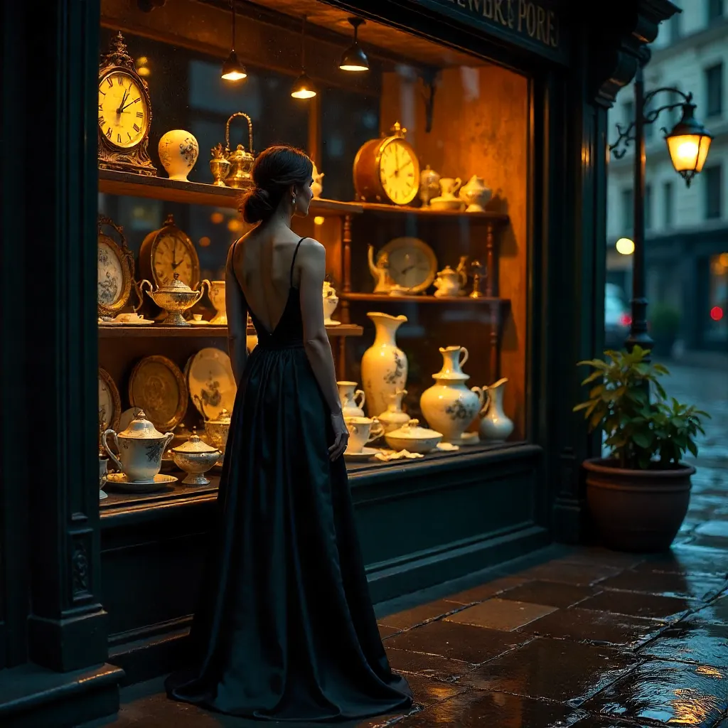 Gazing at the Antique Window in a Black Dress