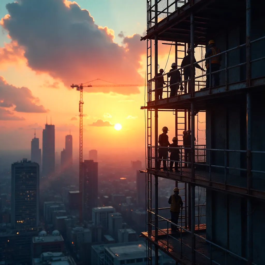 Silhouetted Construction Workers on Scaffolding at Dusk
