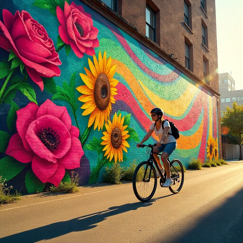 Cyclist Passing a Colorful Floral-Abstract Mural