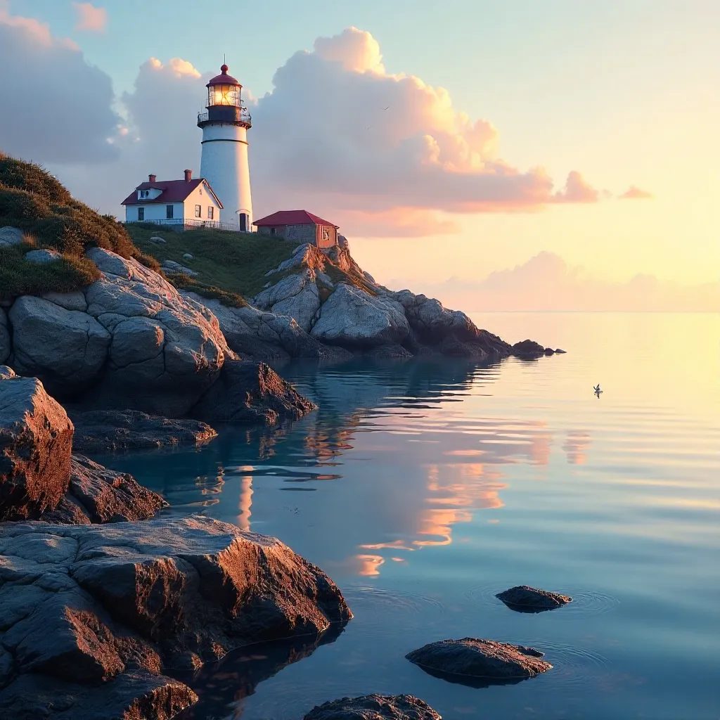 Tranquil Lighthouse Behind Quiet Coastal Rocks
