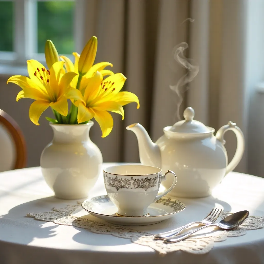 Sunlit Tea Table with White Teapot and Yellow Lilies