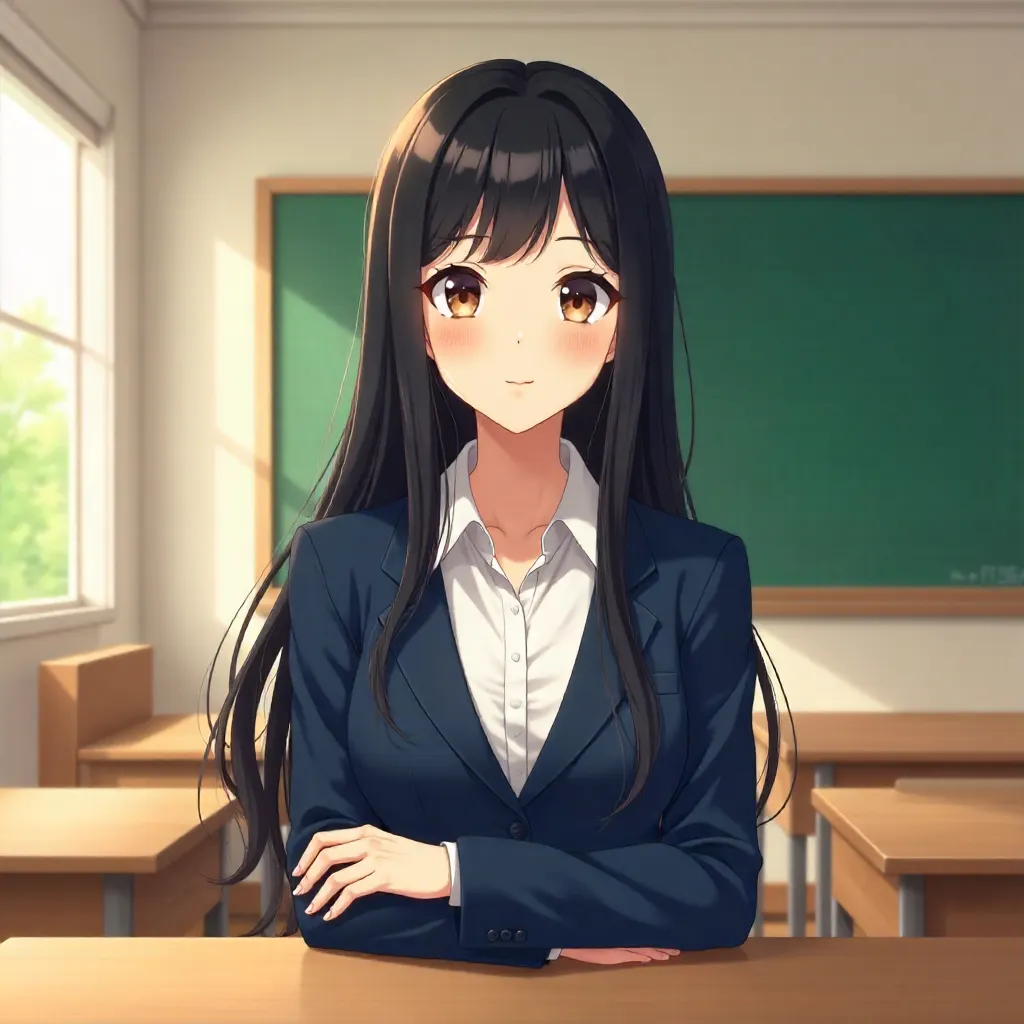 Anime-style adult Asian woman in a classroom
