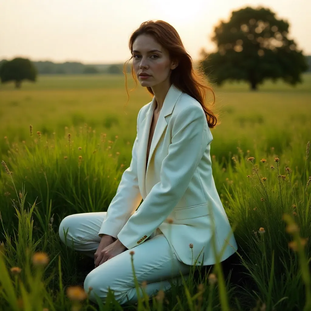 Moody Meadow: White Suit in Grass