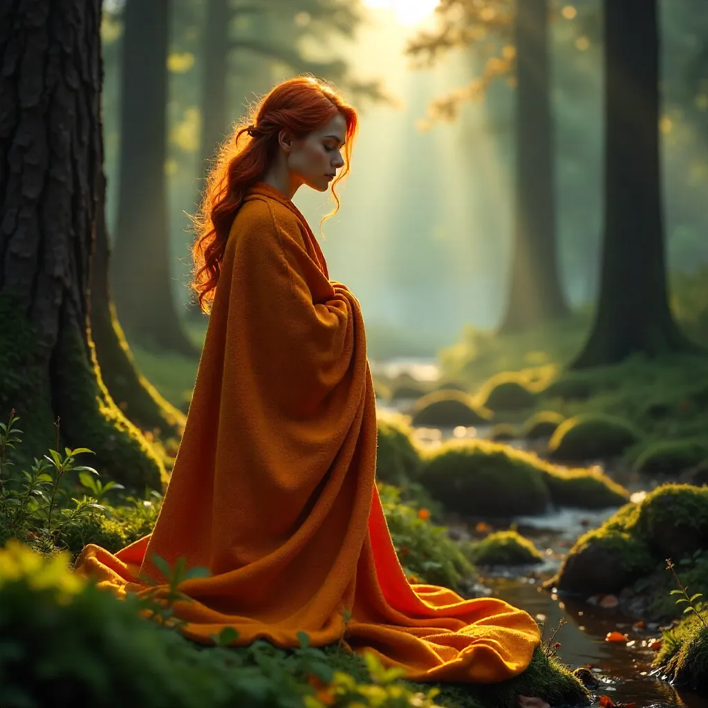 Red-haired Woman with Orange Blanket in a Serene Forest