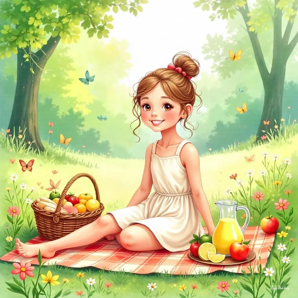 Cheerful White Girl at a Watercolor Picnic