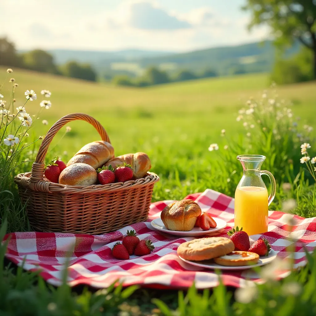 Delightful Outdoor Picnic: Strawberries & Baked Goods on Plaid Blanket