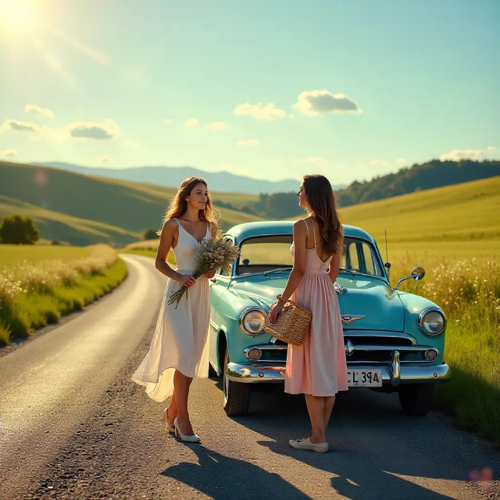 Sunlit Rural Road: Two Women With Flowers and Basket