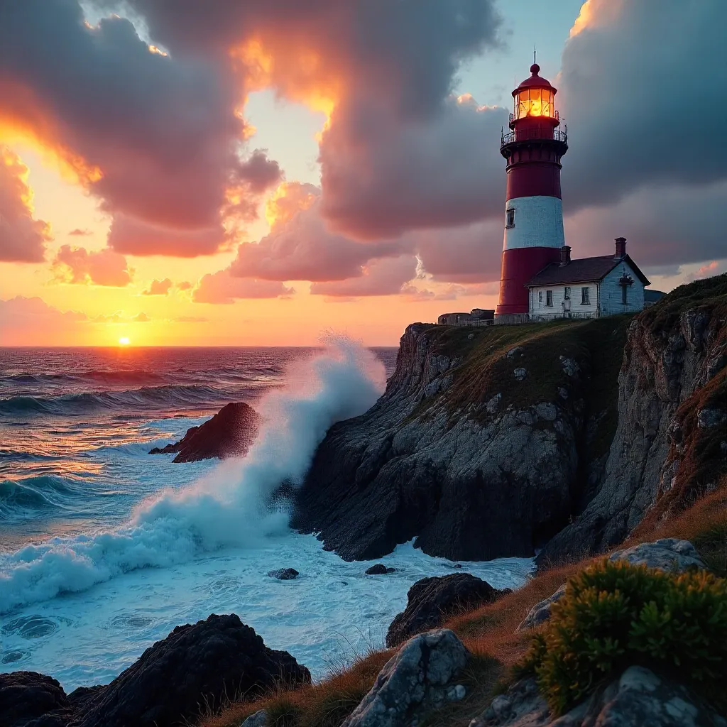 Dramatic Cliffside Lighthouse at Sunset