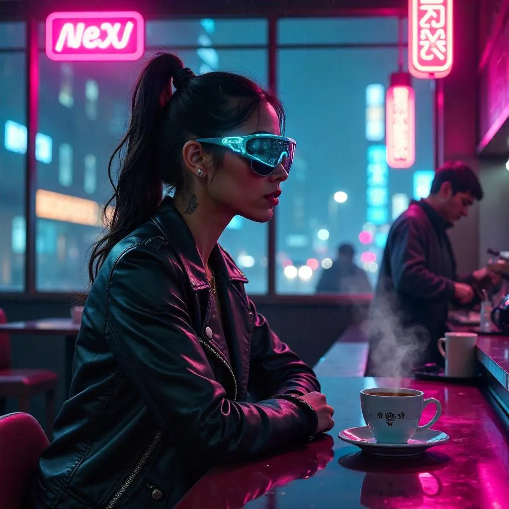 Neon Latte: Cyberpunk Latina in a Neon Coffee Shop