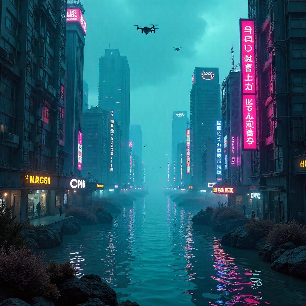 Neon Tides: A Cyberpunk City Flooded by Ocean