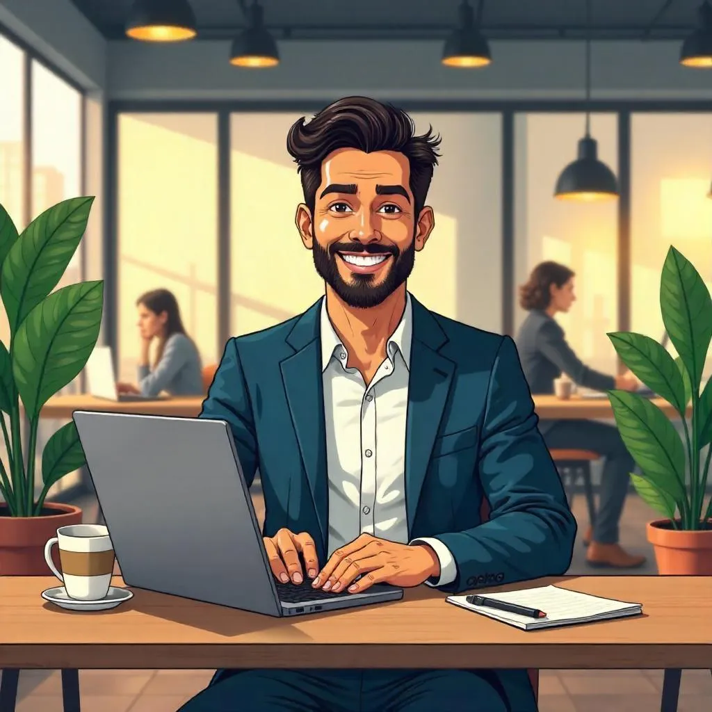 Cartoon Latino Professional in a Coworking Space