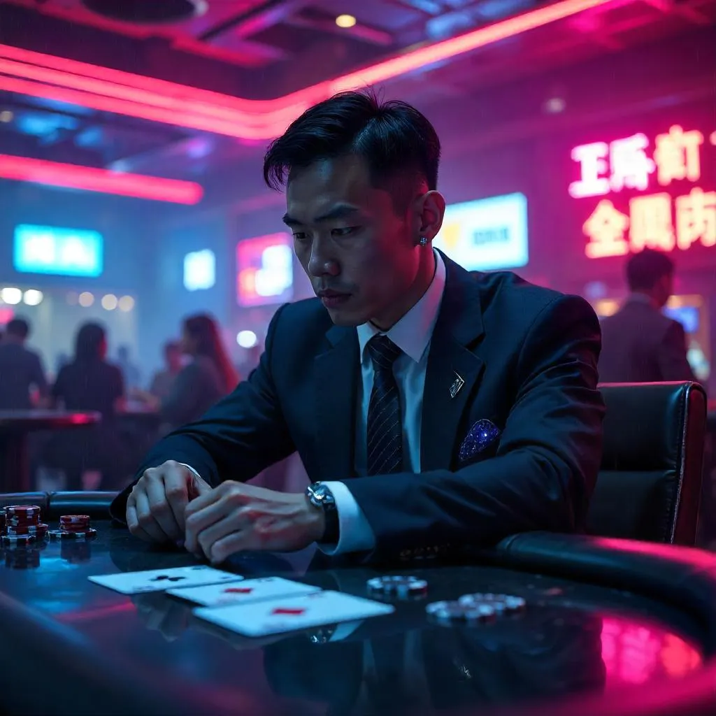 Neon Noir Poker: Handsome Asian in Cyberpunk Room