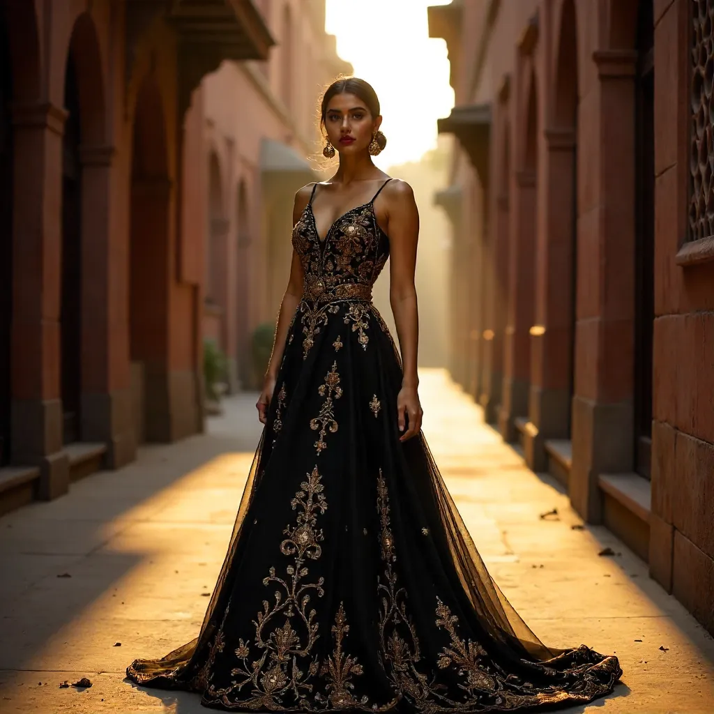 Embroidered Black Gown Under Lahore Lights