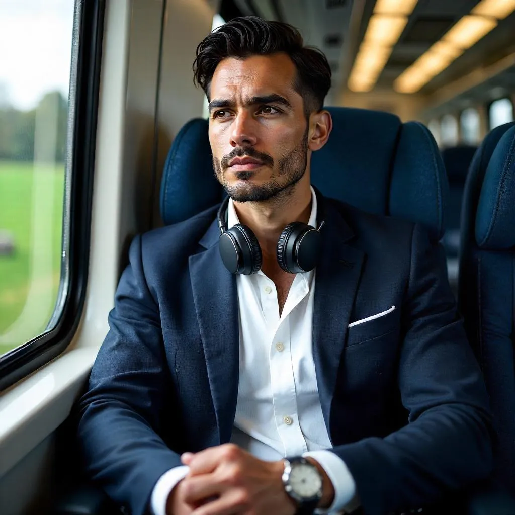 Photorealistic Latino Man in a Train Carriage