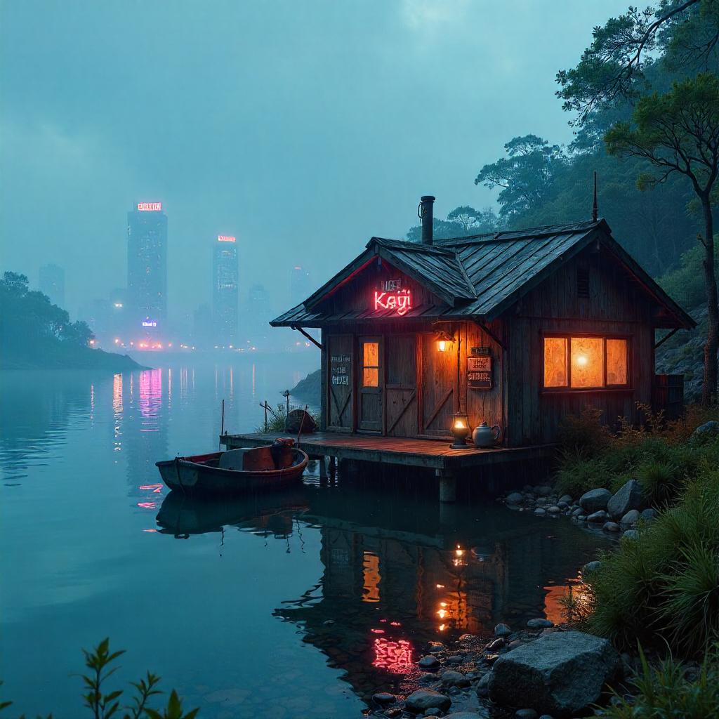 Neon Cyberpunk Hut by a Misty Lake