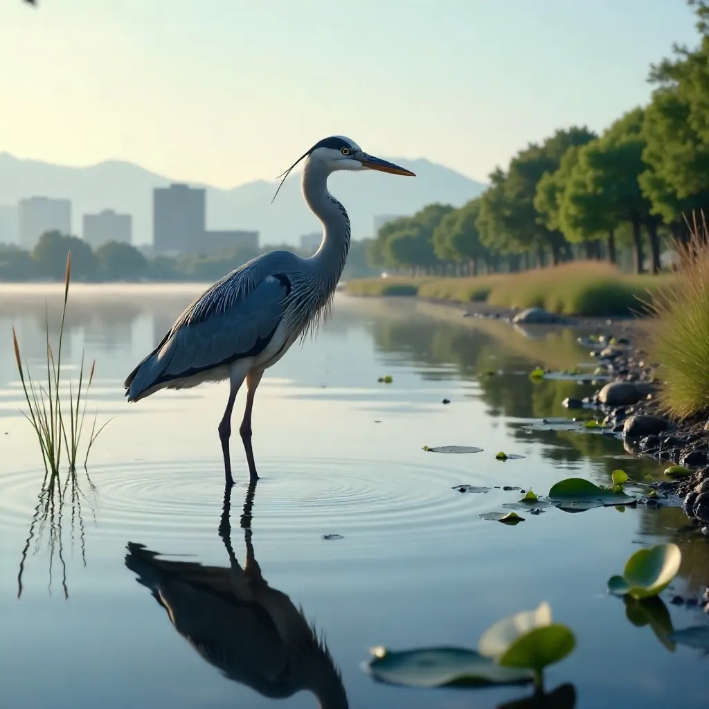 Serene Grey Heron at Hiroshima Waterside