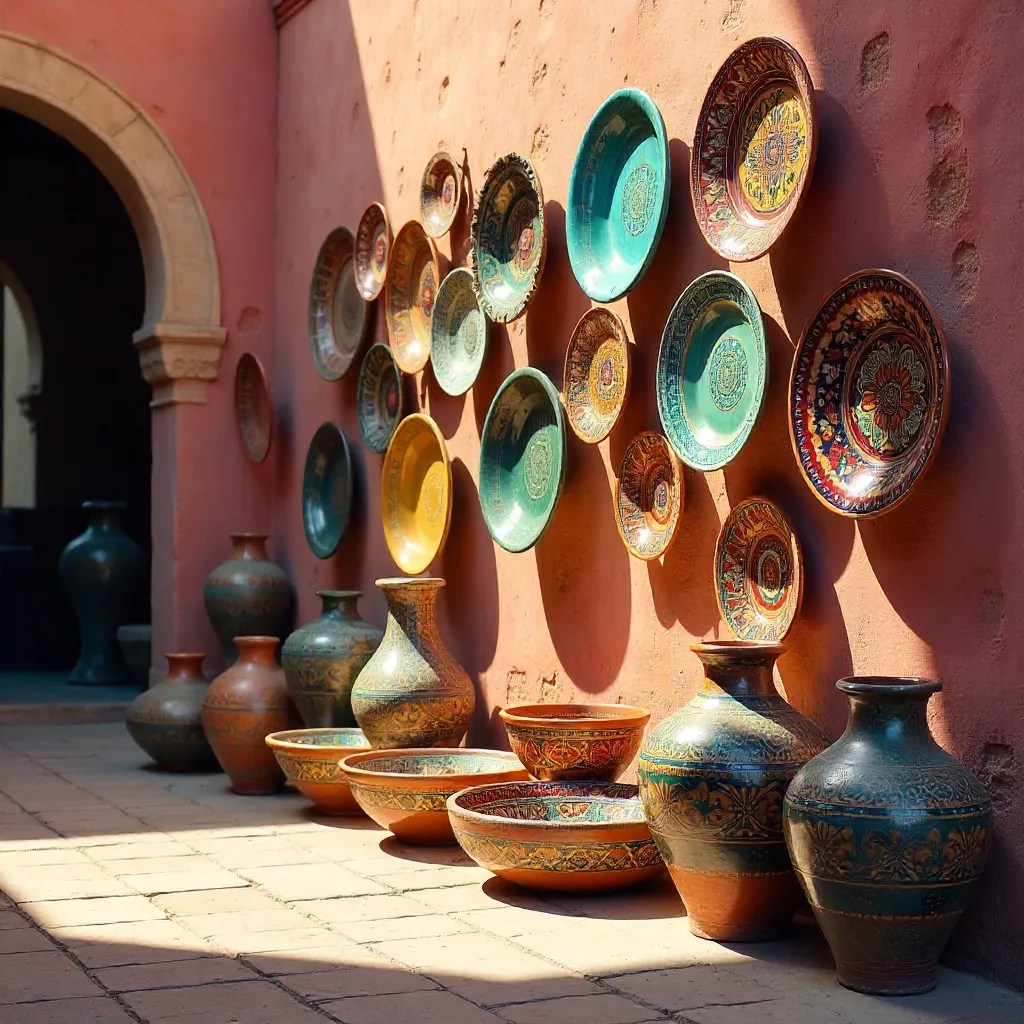 Colorful Moroccan Pottery on a Vibrant Wall