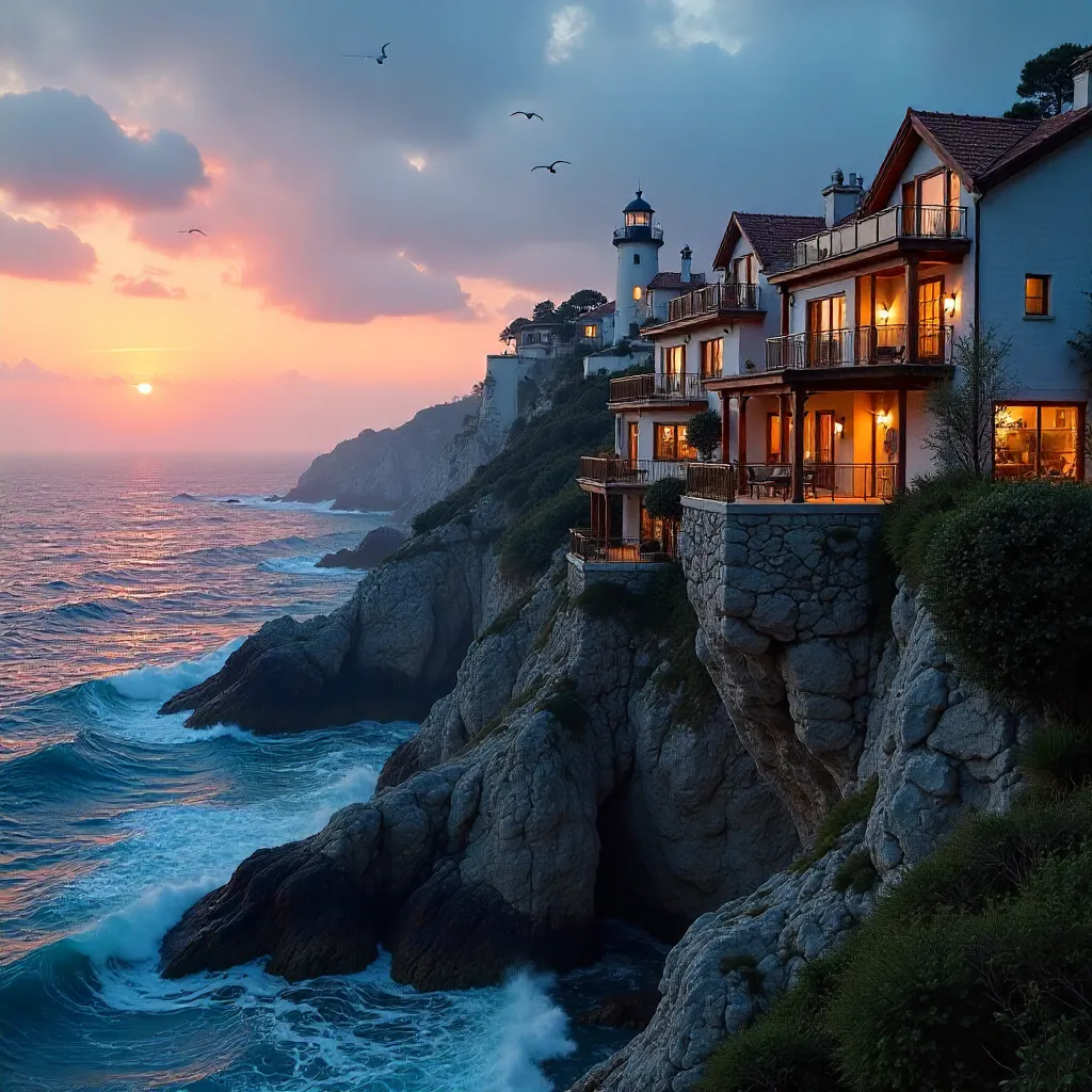 Cliffside Coastal Homes at Dusk