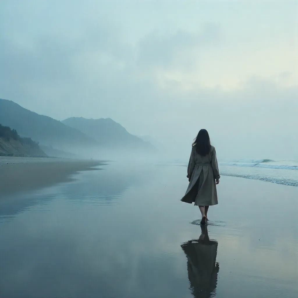 Lone Woman Walking a Misty Seaside at Dawn