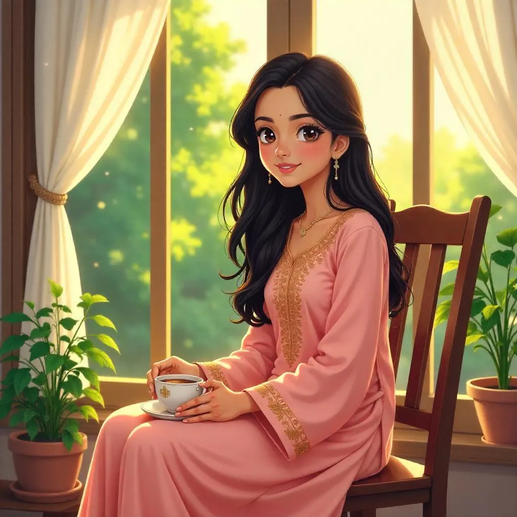 Sunlit Anime Portrait of an Indian Girl in a Sunroom