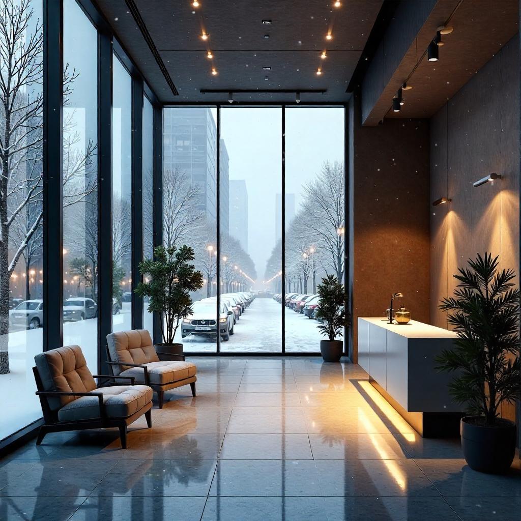 Snowy 3D Office Lobby Winter Scene