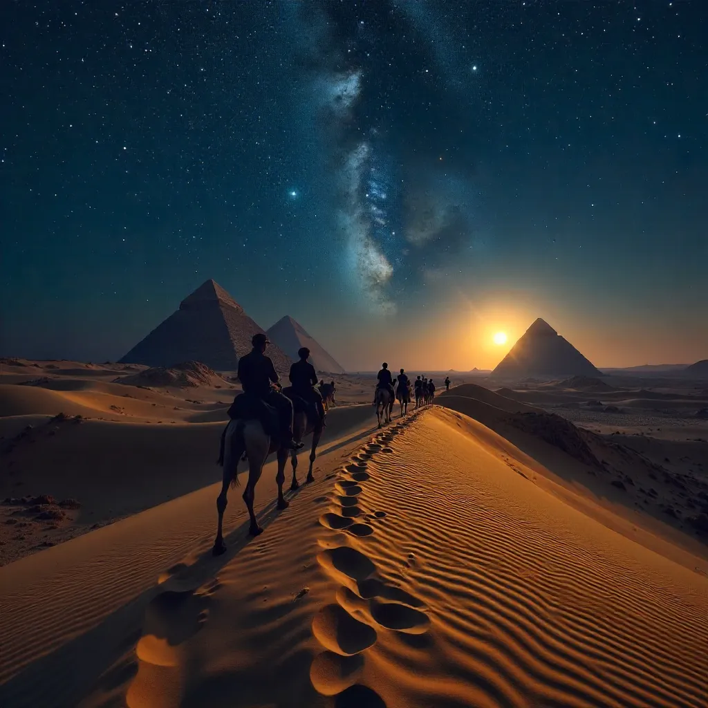 Camel Caravan Silhouette in Starry Giza Night